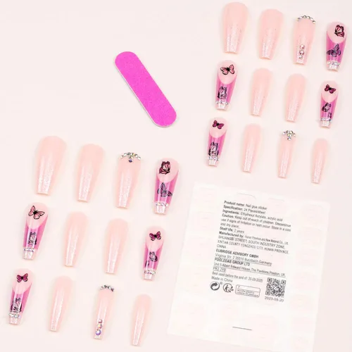 Miniatura 2 de 24 uñas acrílicas a presión, uñas postizas largas con diseños de mariposa rosa, diamantes de imitación, polvo de purpurina, punta francesa