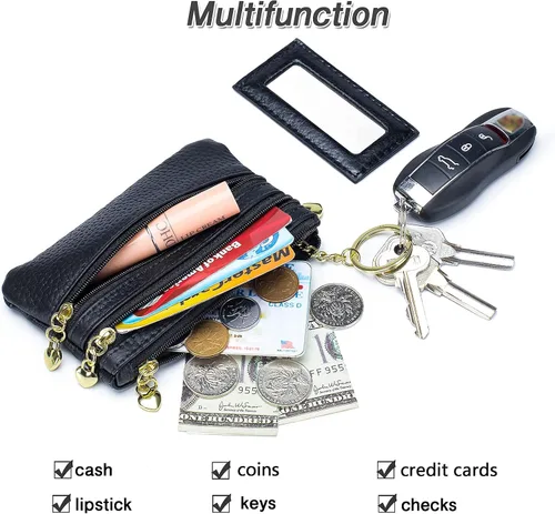 Miniatura 3 de imeetu Monedero para mujer, monedero de cuero genuino con cremallera, pequeño monedero con llavero, Gris claro, 5.1 x 3.35 x 0.59 inches, Monedero