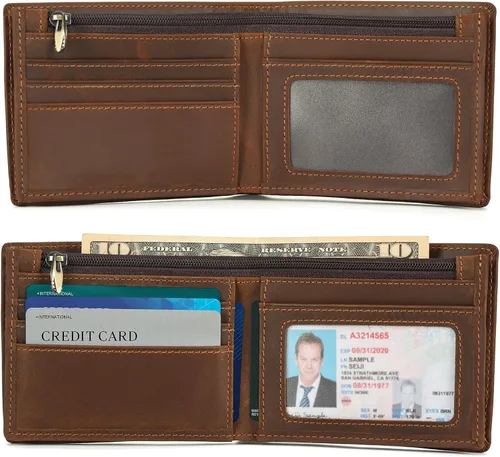 Miniatura 24 de Polare - Cartera plegable de piel de caballo loco natural para hombre, con bloqueo RFID