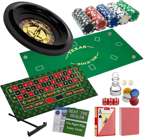 Juego de casino 5 en 1 Pro Set: 125 Pro Poker Chip, Blackjack+Ruleta Rueda+Craps+Texas Holdem+Kit de juego de póker con alfombrilla de juego de