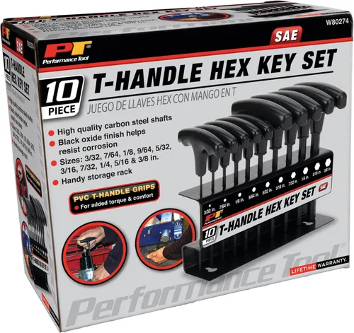 Miniatura 8 de Performance Tool W80274 Juego de 10 piezas de llaves Allen SAE con mango en T, Juego de llaves hexagonales de brazo largo