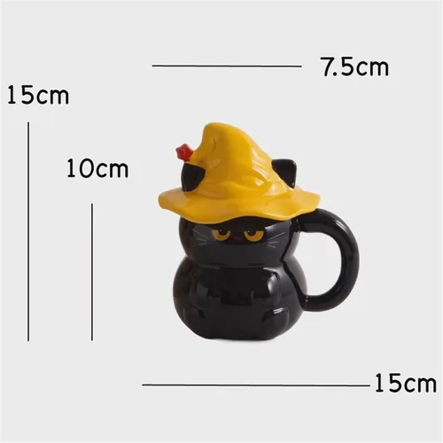 Miniatura 2 de Taza de café de cerámica, diseño de gato negro, hecho a mano, con sombrero de mago, tapa, asa, oficina, hogar, chocolate caliente con leche, regalos