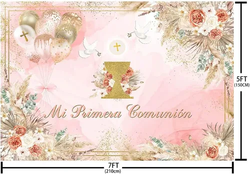 Miniatura 4 de MEHOFOND Telón de fondo de comunión Mi Primera de 7 x 5 pies para niña, color rosa, bohemio, bautizo, decoración de fiesta, pancarta, Dios bendiga