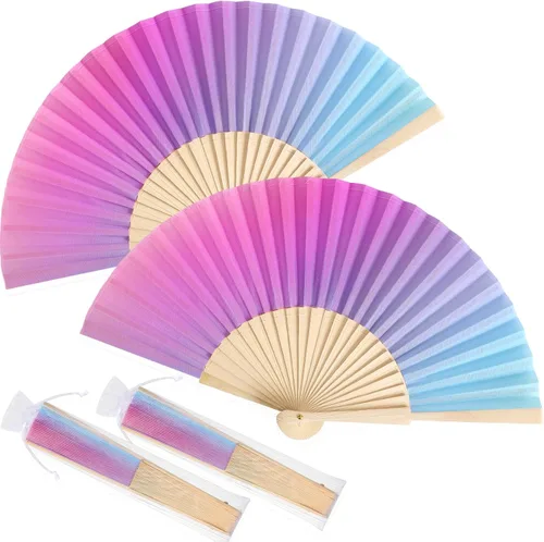 Miniatura 10 de Chuangdi Paquete de 2 abanicos de mano plegables de tela chinos de 8.27 pulgadas, ventiladores japoneses portátiles con bolsas con cordón