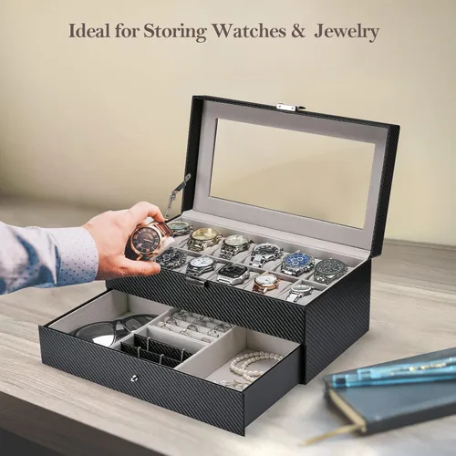 Miniatura 3 de Caja de reloj con 12 ranuras para hombres, organizador de joyas para hombre, estuche de exhibición con cajón, cajas de almacenamiento de relojes