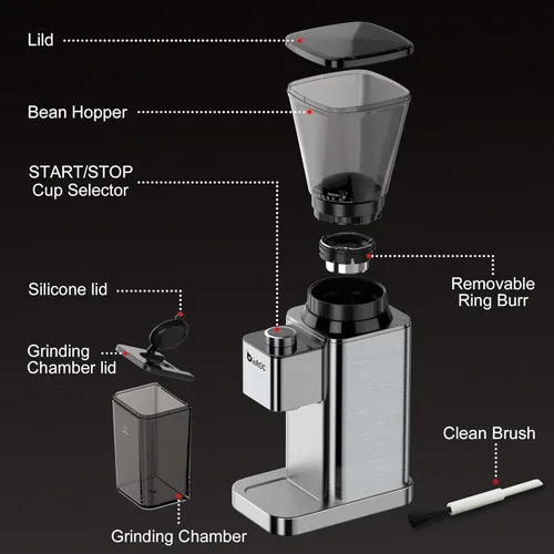 Miniatura 5 de Molinillo de café con rebabas cónicas, molinillo de café eléctrico antiestático para uso doméstico, 48 ajustes de molienda ajustables para 2-12
