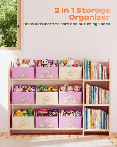 Miniatura 6 de Organizador de almacenamiento de juguetes con 3 estantes y 9 contenedores, estantería de castillo rosa y estantería para niños, estante de juguetes