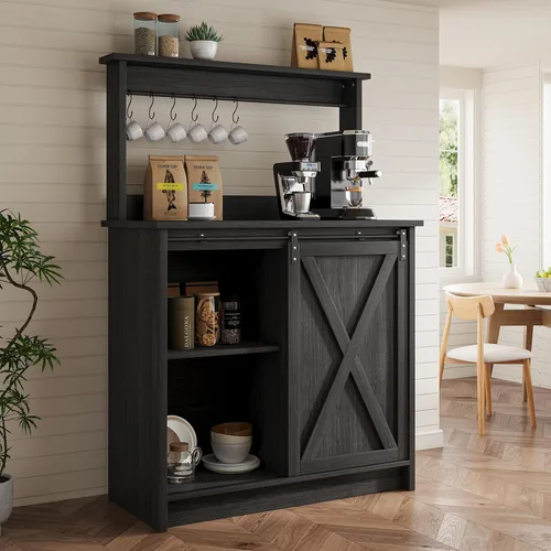 Miniatura 7 de 4ever2buy Barra de café de granja con gabinete, gabinete de buffet de 31 pulgadas con puerta corrediza de granero, armario de barra de Gris