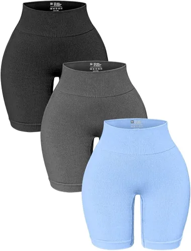 OQQ Paquete de 3 pantalones cortos de yoga de cintura alta para mujer, acanalados, sin costuras, control de abdomen, pantalones cortos atléticos