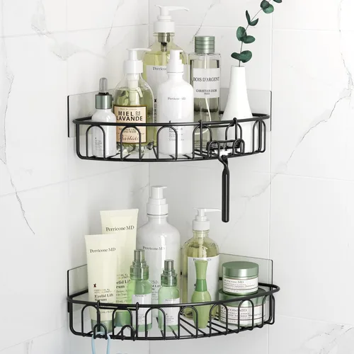 Orimade Organizador de ducha esquinero con 2 ganchos montado en la pared de metal para baño, organizador de almacenamiento, adhesivo, sin Negro mate