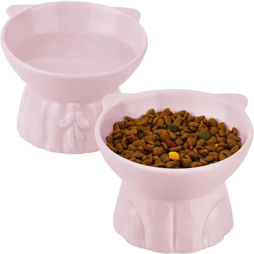 Paquete de 2 cuencos elevados para gatos, platos elevados de cerámica para alimentos y agua para gatos, diseño extra ancho y poco profundo, Rosa