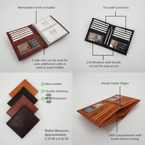Miniatura 2 de ag wallets Cartera europea plegable de cuero genuino RFID para hombre Hipster 2 ventanas de identificación
