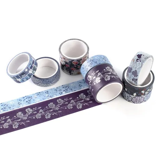 Miniatura 5 de Juego de 8 rollos de cinta adhesiva azul elegante Washi con adornos plateados anchos, cinta decorativa para manualidades, bricolaje, diarios
