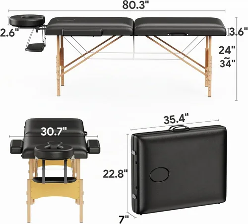 Miniatura 6 de Brelley Mesa de masaje portátil de madera para pestañas, altura ajustable, mesa de spa de 2 pliegues, cama plegable para tatuajes (negro)