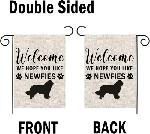 Miniatura 2 de PWHAOO Newfie - Bandera de jardín con texto en inglés "Welcome We Hope You Like Newfie", bandera de jardín de Terranova, regalos para amantes
