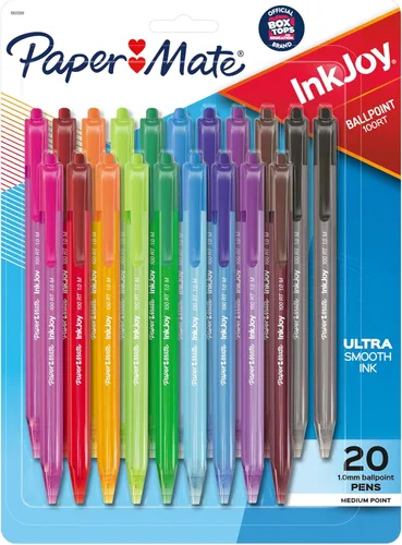Bolígrafos Paper Mate InkJoy 100RT retráctiles, punta mediana (1.0mm), colores surtidos, 20 unidades - Esenciales para maestros, suministros de