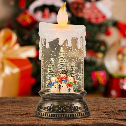 GenSwin Vela de Globo de Nieve de Navidad, Vela Brillante Giratoria con Temporizador, Música y 3 Escenas de Muñeco de Nieve, Linterna en Forma de