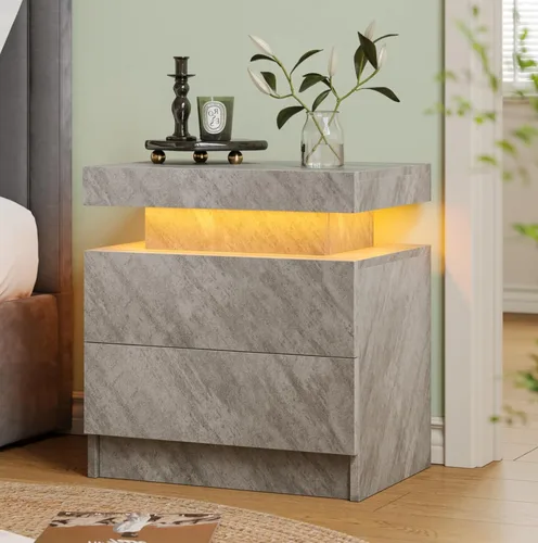 Miniatura 13 de Mesita de noche LED Mesita de noche LED con luces LED, mesa auxiliar moderna con 2 cajones para dormitorio, gris claro