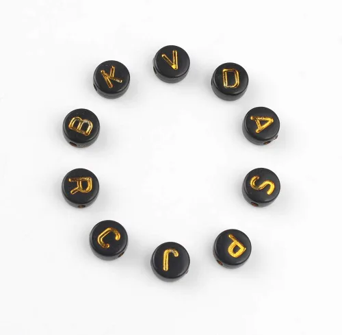 Miniatura 3 de 1200 cuentas de letras negras para pulseras, cuentas redondas de acrílico negro y dorado del alfabeto de 0.157 x 0.276 in para fabricación de joyas