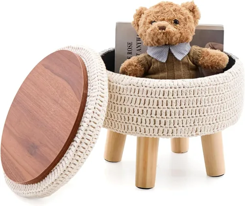Miniatura 8 de Wimarsbon Otomanas pequeñas, puf 100% tejido a mano, reposapiés redondo con 4 patas de madera antideslizantes, puf de cuerda de algodón de Amarillo