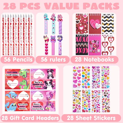 Miniatura 2 de JOYIN Juego de 28 artículos de papelería para el día de San Valentín con tarjeta de regalo para niños, incluye lápices, reglas, cuaderno
