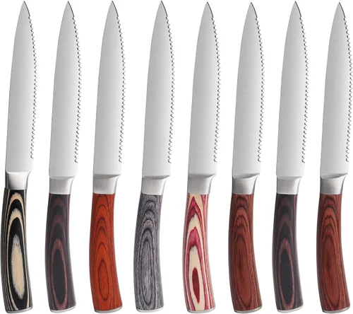 Miniatura 9 de LUVCOSY Juego de cuchillos para carne estilo Laguiole de 6, juego de cuchillos para carne sin dientes con mango de madera de olivo, cuchillos