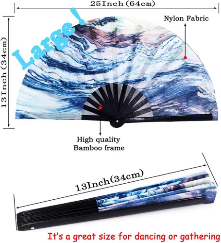 Miniatura 2 de Ventilador de mano plegable grande, marco de bambú y tela de nailon resistente al agua, perfecto para refrescar, bailar, regalo, drag queen