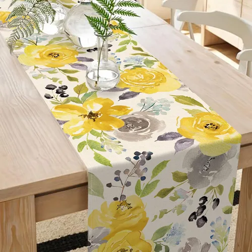 Miniatura 3 de Seliem Camino de mesa de flores florales amarillas primaverales, peonía rosa, acuarela, decoración de mesa de comedor, arpillera de verano
