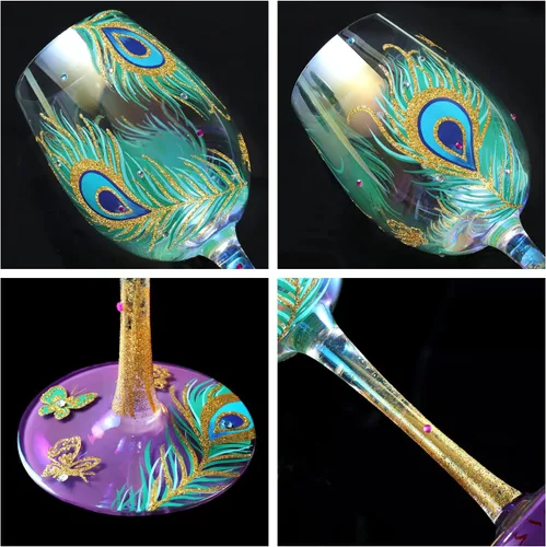 Miniatura 3 de NymphFable Regalos de Pavo Real Copa de Vino Iridiscete Pintada a Mano 15oz Copas de Vino Coloridas Personalizadas Regalo de Cumpleaños de Pavo Real