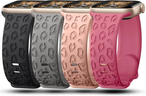 Miniatura 8 de CreateGreat - Paquete de 4 bandas grabadas con diseño de leopardo compatibles con Apple Watch para mujeres de 38mm 40mm 41mm 42mm 44mm 45mm 46mm