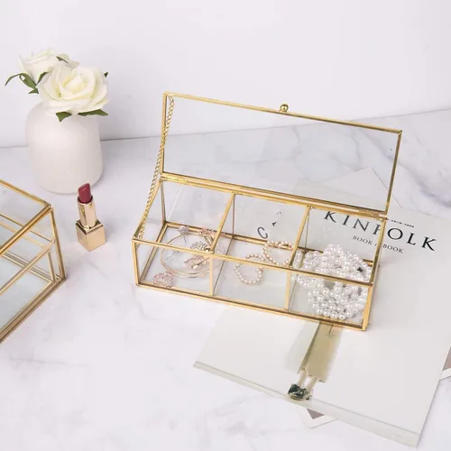 Miniatura 4 de Feyarl Caja de té de vidrio dorado, organizador de exhibición de concha de mar, cosméticos, encimera, caja de frascos, almacenamiento de joyas