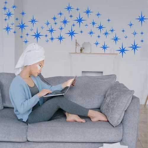 Miniatura 5 de ELANE 100 calcomanías de pared de espejo acrílico, decoración de estrellas para baño (azul)