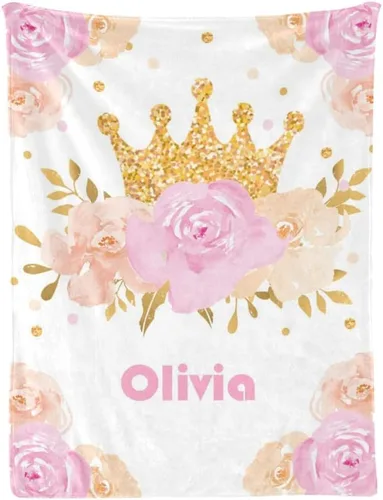 Manta personalizada con nombre, manta de bebé súper suave con nombre, flor y corona, regalos para bebés y niñas, adecuada para recién nacidos y