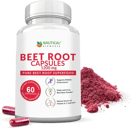Cápsulas de raíz de remolacha - 1200mg por porción - 60 cápsulas de polvo de raíz de remolacha - Polvo de remolacha apoya la presión arterial, el