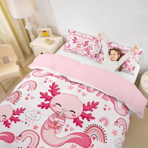Miniatura 3 de Lindo juego de funda de edredón para niños, tamaño individual, juego de ropa de cama de dibujos animados Salamandra, ajolote océano, decoración