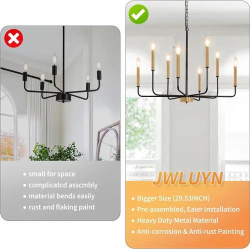 Miniatura 4 de Candelabro de 8 luces negras y doradas: candelabros estilo vela de 29.5 pulgadas con brazos de candelabro - Moderna lámpara de comedor de granja
