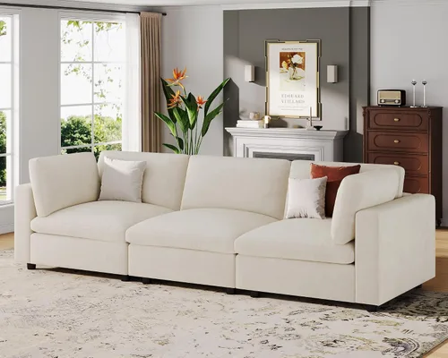 Miniatura 3 de VANOMi Sofá modular, cómodo sofá con marco de madera maciza de 3 asientos, sofá moderno certificado FSC para sala de estar, beige