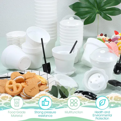 Miniatura 3 de Honeydak Paquete de 50 tazas de plástico para tartas de postre con tapa, pala, cuchara, bandeja inferior, tazas de postre, helado, yogur, Blanco