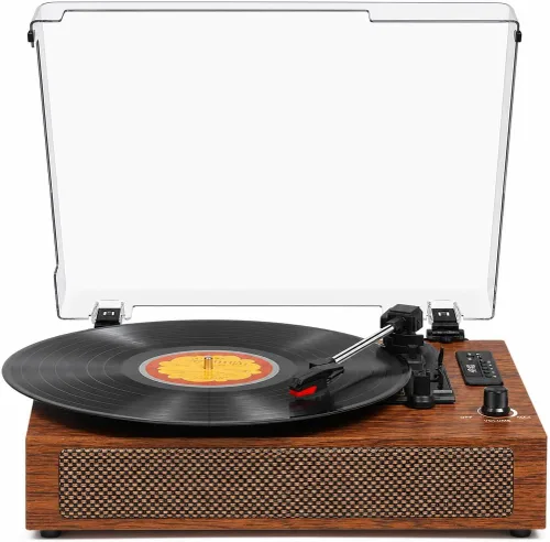 Reproductor de discos de vinilo con Bluetooth integrado, grabación USB, altavoces estéreo, tocadiscos vintage impulsado por correa, 3 velocidades y
