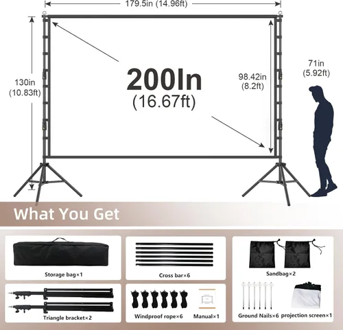 Miniatura 2 de Wootfairy Pantalla de proyector de 200 pulgadas con soporte: pantalla portátil sin arrugas Foldable 16:9 4K HD Front Rear Projection Movie Screen