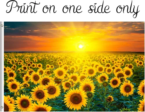 Miniatura 2 de Bandera de paisaje natural de girasol, campos de flores, granja, puesta de sol, primavera, verano, 3 x 5 pies, de una sola cara con ojales de latón