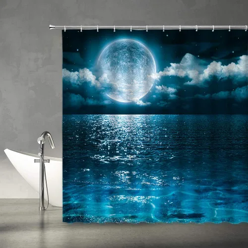 Miniatura 13 de AMFD Cortina de ducha con luna increíble, hermosa fantasía, cielo estrellado, luna brillante, azul, azul marino, negro, cortinas de baño, decoración