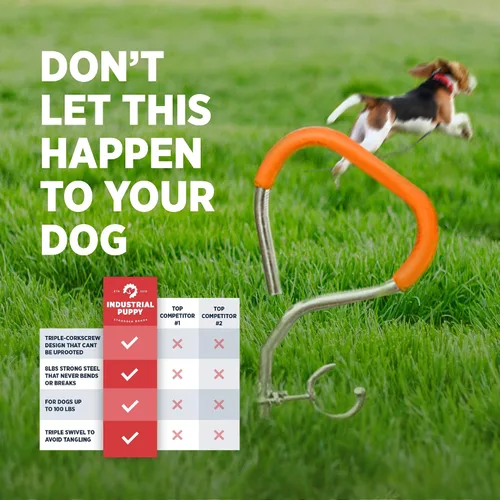 Miniatura 6 de Industrial Puppy Estaca de amarre para perros: acción giratoria de 360 grados que ayuda a reducir los enredos, 3 anclajes de sacacorchos, acero