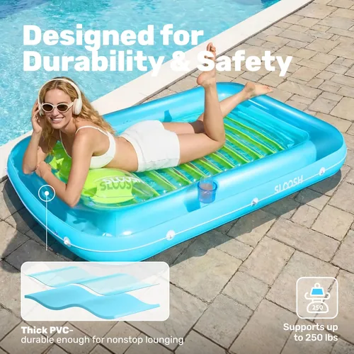 Miniatura 5 de Flotador inflable de bronceado para piscina Sloosh, 70" x 46" flotadores de piscina para adultos con almohada, 4 en 1 balsa de baño de sol flotante