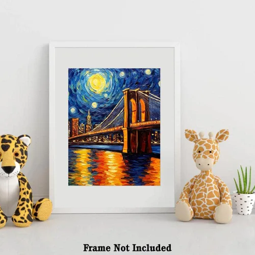 Miniatura 4 de Bestbuddy Pet 8X10 Sin Marco Noche Estrellada Inspirado Puente de Brooklyn Monumento de Nueva York Famosa Arquitectura Tour Mundial Pintura al óleo