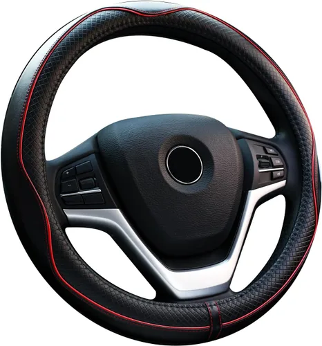 Miniatura 7 de Valleycomfy Fundas universales para volante de 15 pulgadas, piel auténtica, transpirable, antideslizante y sin olor (negro con líneas negras, M