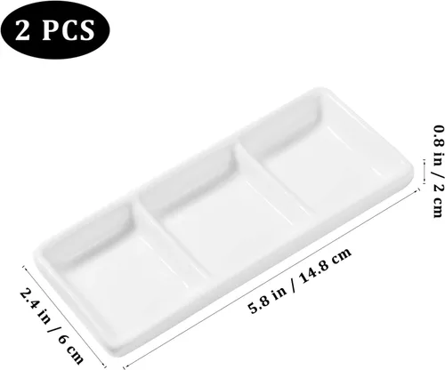 Miniatura 2 de DOITOOL 2 platos de cerámica para servir, 3 compartimentos, bandejas para servir aperitivos, platos de salsa divididos rectangulares blancos
