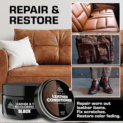 Miniatura 5 de FORTIVO Bálsamo de cuero con aceite de visón, kit de reparación de sofá, tinte para cuero y restaurador para muebles, color negro