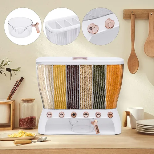Miniatura 3 de Dispensador de alimentos secos, dispensador de cereales de 6 rejillas montado en la pared con tolva de taza medidora, compartimento ajustable