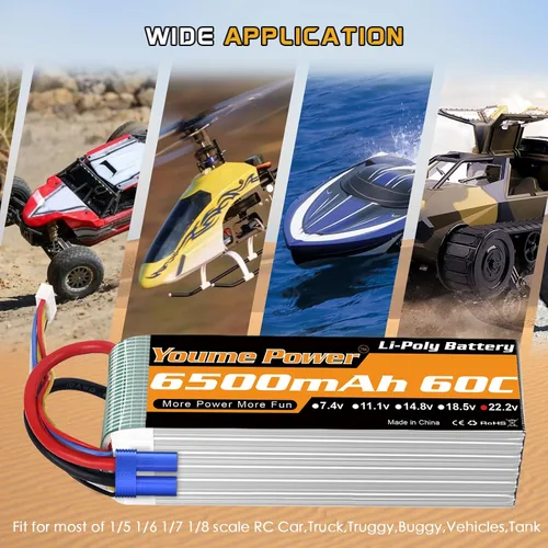 Miniatura 4 de Youme 6S Lipo Batería EC5, 2 paquetes 22.2 V RC LiPo Batería 6500mAh 60C con EC5 Plug para Arrma 1/7 1/8 RC Car Truck DJI E-Flite Align Avión